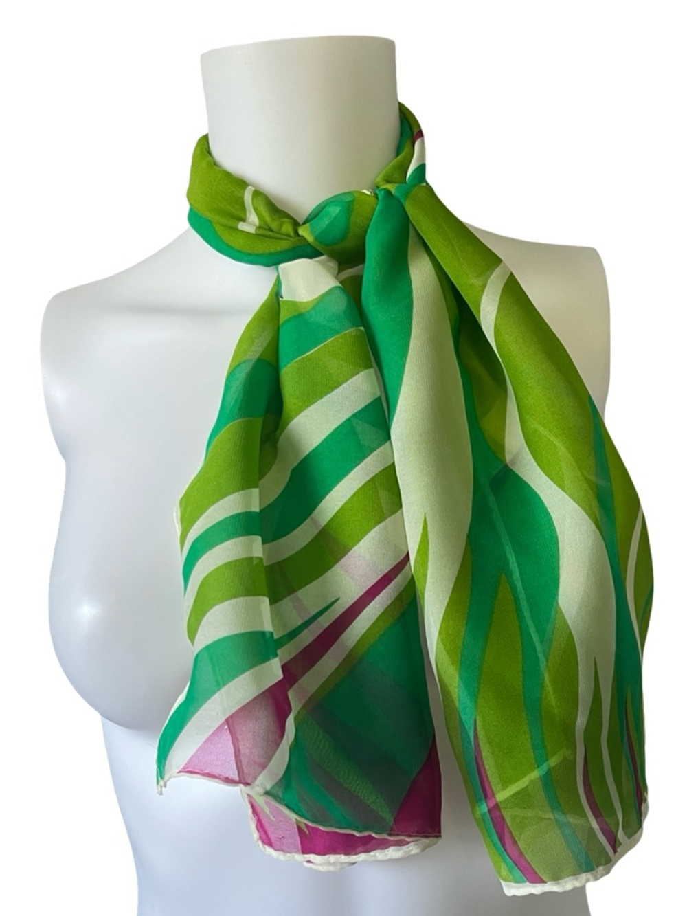 Vintage Silk Feel Scarf Bright Green Purple Mod Gogo Colorful Sheer